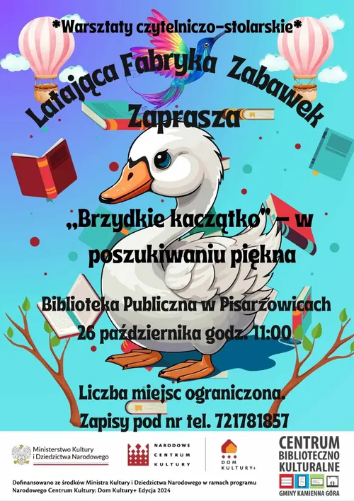 Plakat warsztatów „Brzydkie kaczątko w poszukiwaniu piękna” w Bibliotece Publicznej w Pisarzowicach